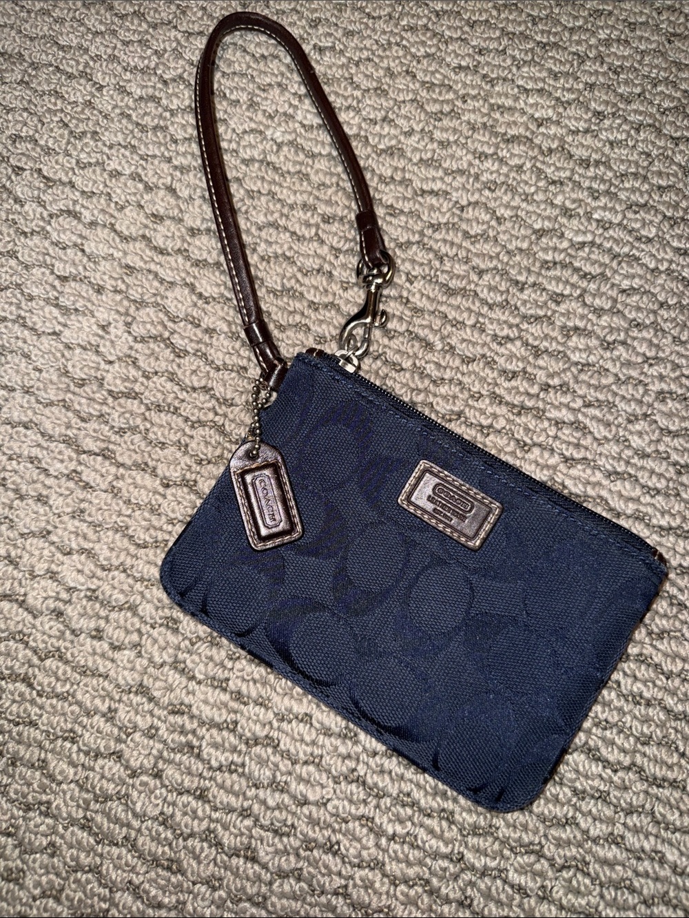 Coach Vintage Signature Navy Wristlet with Brown Strap